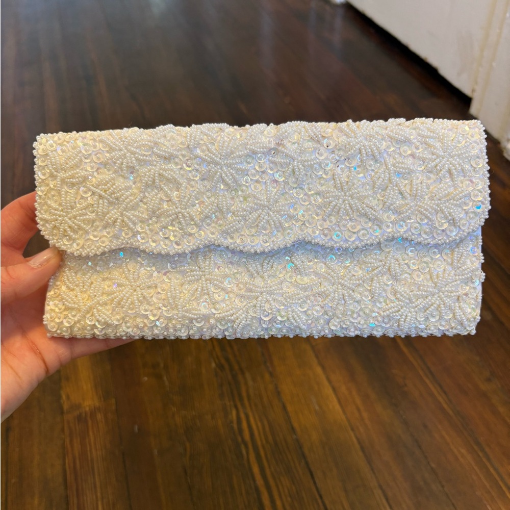 Vintage Ivory Beaded Sequin Evening Clutch